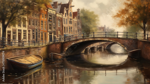 A historic canal scene in Amsterdam, Netherlands, picturesque bridges, traditional Dutch architecture, and boats drifting along the water, conveying the charming and timeless atmosphere of the city