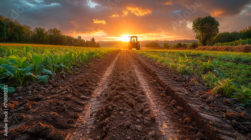 green tractor plowing cereal field with sky with clouds photo