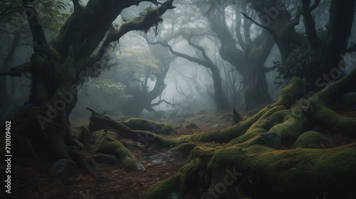 A mist-covered ancient forest landscape, towering trees with twisted branches