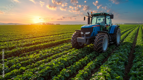 Modern blue tractor machinery plowing agricultural field meadow at farm at spring autumn during sunset. Farmer cultivating make soil tillage before seeding plants crops nature countryside rural scene.