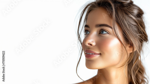 High quality portrait of hispanic female beauty model looking at side in front of white background in studio. photo