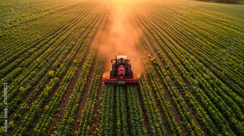 Modern blue tractor machinery plowing agricultural field meadow at farm at spring autumn during sunset. Farmer cultivating make soil tillage before seeding plants crops nature countryside rural scene.