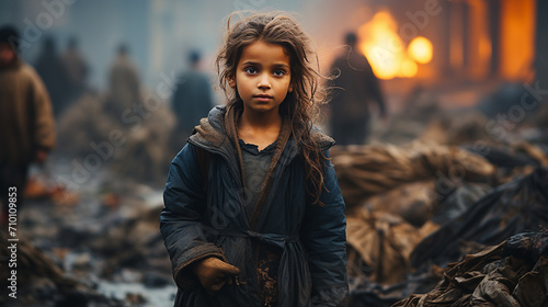 A small homeless, poor child standing alone in a garbage dump