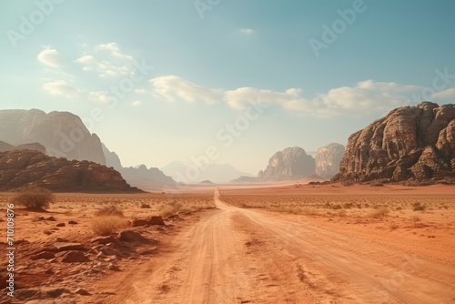 Landscape view of dusty road going far away nowhere in Wadi Rum desert Jordan