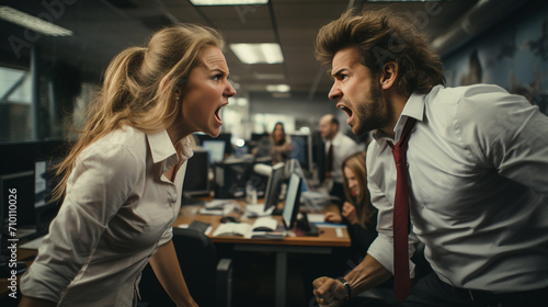Argument at work, man and woman arguing shouting at each other