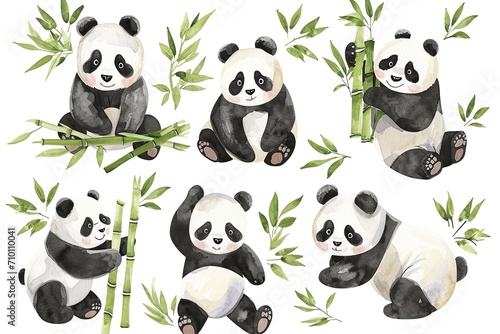 Set of panda in different poses, watercolor, green bamboo leaves © Idressart