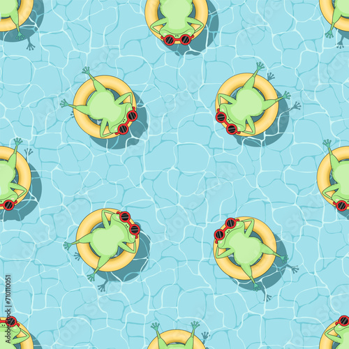 Seamless pattern with funny frogs swimming in a pool with a rubber ring, top view. Cute toads in sunglasses sunbathing on a summer day.