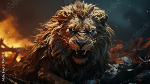 A roaring  wild  dangerous lion