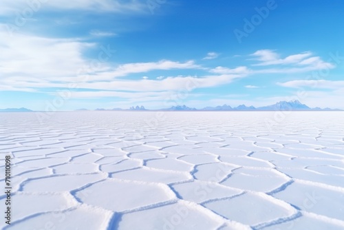 Panorama of lost islands in a sea of salt Uyuni salt flat desert Bolivia.