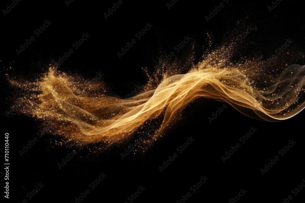 Small size fine Sand flying explosion Golden grain wave explode. Abstract cloud fly. Yellow colored sand splash silica in Air Galaxy star universe sign symbol. Element Black background Isolated - obrazy, fototapety, plakaty 