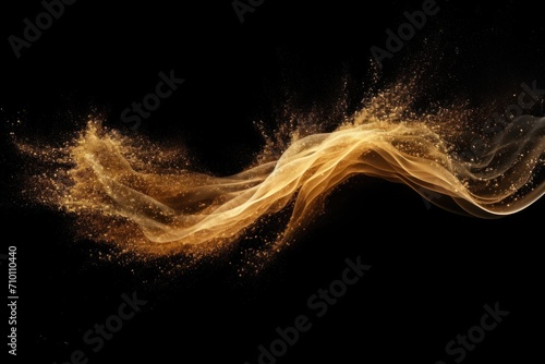Small size fine Sand flying explosion Golden grain wave explode. Abstract cloud fly. Yellow colored sand splash silica in Air Galaxy star universe sign symbol. Element Black background Isolated
