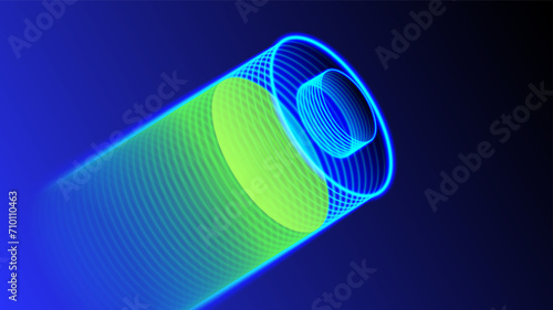 Digital neon lithium ion battery. Fast charging and battery health. Power source and energy technology background.