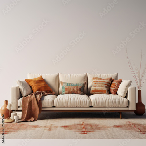 neutral  khaki color couch sofa with dark orange decoration pillows in luxury apartment with a lof ot light from the clear glass windows white neutral color and brown theme  © kora