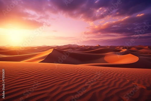 Sunset over the sand dunes Sahara Desert Morocco Africa