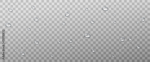Realistic vector water drops png on a transparent light background. Water condensation on the surface with light reflection and realistic shadow. 3d vector illustration