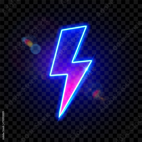 Neon energy lightning bolt shymbol. Electric power. Fast battery charging. Isolated on transparent background.