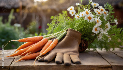 Bouquet de carottes sur la table en bois dans le jardin, jardinage et légumes frais brut dans le jardin potager - IA générative photo