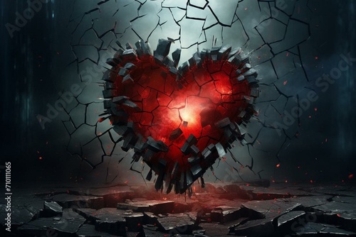 Conceptual artwork depicting a heart that is shattered into pieces. Generative AI