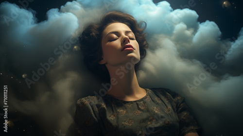 Schlafende Frau in nebulöser Umgebung, liegt mit dem Kopf in Wolken. Warm angeleuchtet. Ruhige, entspannte, verträumte Atmosphäre. Surreale Illustration  photo