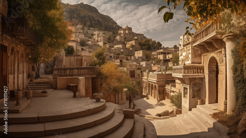 An ancient cityscape nestled in the mountains, stone buildings with intricate carvings, narrow winding streets, a central plaza with a grand fountain, conveying the historical richness 