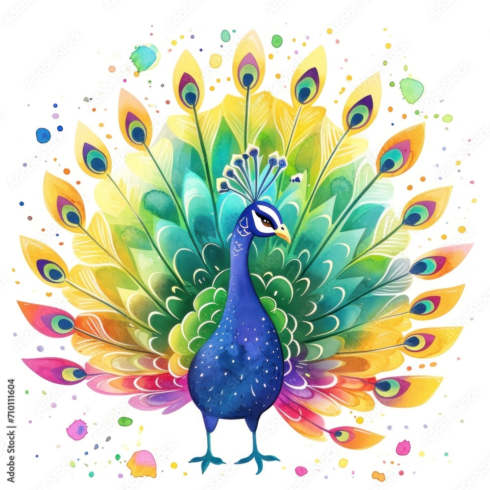 peacock with feathers, watercolor style illustration, white background peacock with feathers, watercolor style illustration, white background