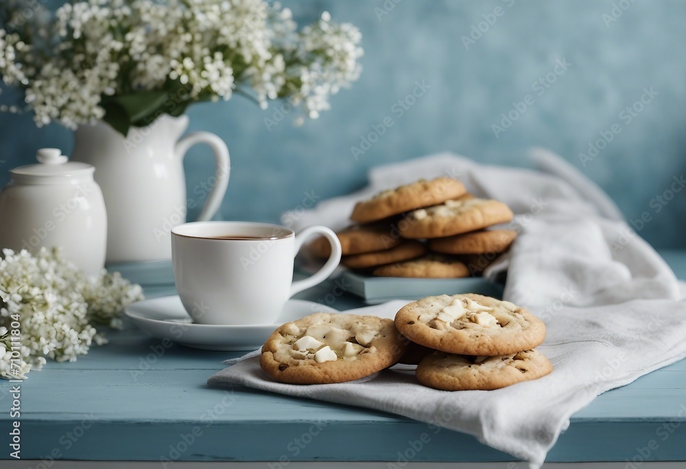 Bouquets of spring flowers coffee cup cookies on blue table