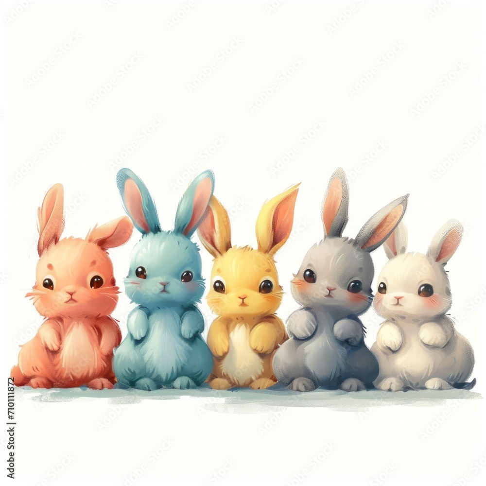 Cute bunnies in a row in pastel colors illustration. Bunny clipart. Watercolor style background. Cute bunnies in a row in pastel colors illustration. Bunny clipart. Watercolor style background.