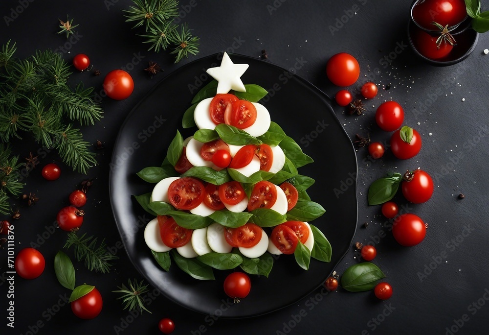 Caprese salad in the shape of christmas tree Festive appetizer on dark table Christmas table setting top view Caprese salad in the shape of christmas tree Festive appetizer on dark table Christmas table setting top view