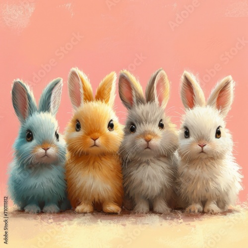 Cute bunnies in a row in pastel colors illustration. Bunny clipart. Watercolor style background.