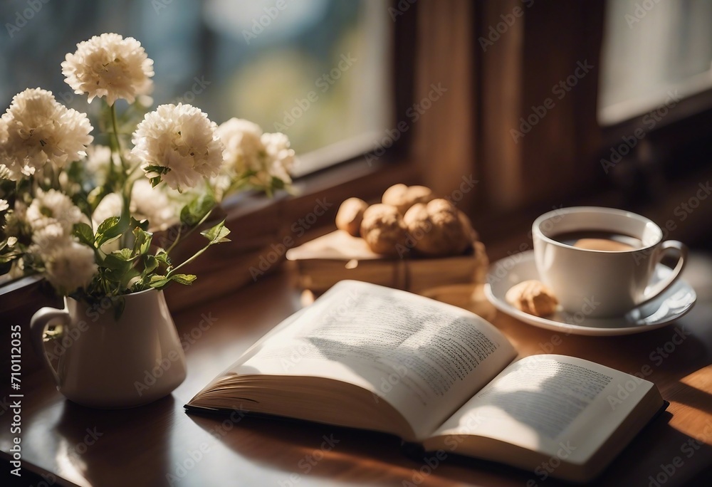 Coffee cup open book cookies and flower on window with bokeh Reading and breakfast Concept warm and cozy home of caffe