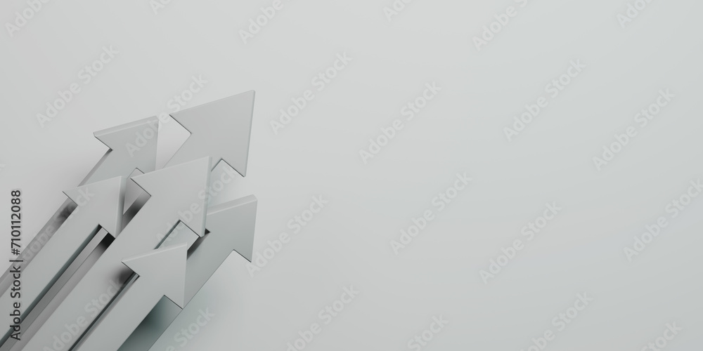 Tilted 3D arrows flow from the left base to the top on a white background, creating a striking visual movement, 3D illustration Tilted 3D arrows flow from the left base to the top on a white background, creating a striking visual movement, 3D illustration