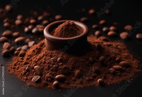 Cocoa powder sifting isolated on black background Chocolate dust on black background