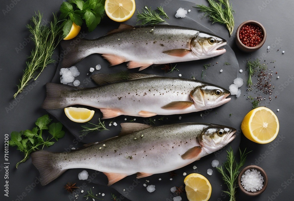 Three big fresh fishes Trout with salt lemon and spices thyme herbs on gray background Cooking fish with herbs and lemon