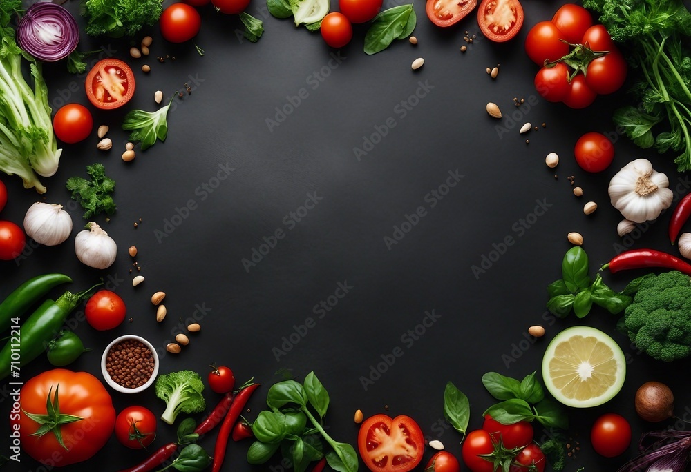 Fresh organic vegetables herbs and spices frame mock up template Mix salad tomatoes chili garlic on stone background Nutrition and health benefits of green leafy and red vegetables with copy space