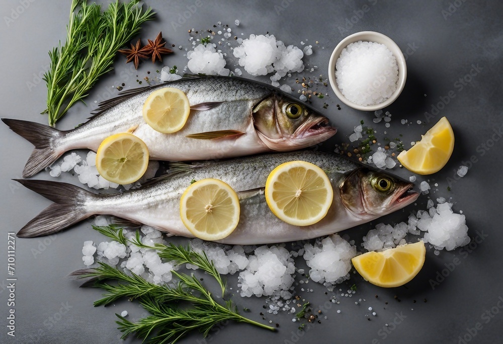 Fresh raw fish Mackerel with salt lemon and spices on gray background with copy space Cooking fish Nutrition and health benefits of fish food Fresh raw fish Mackerel with salt lemon and spices on gray background with copy space Cooking fish Nutrition and health benefits of fish food