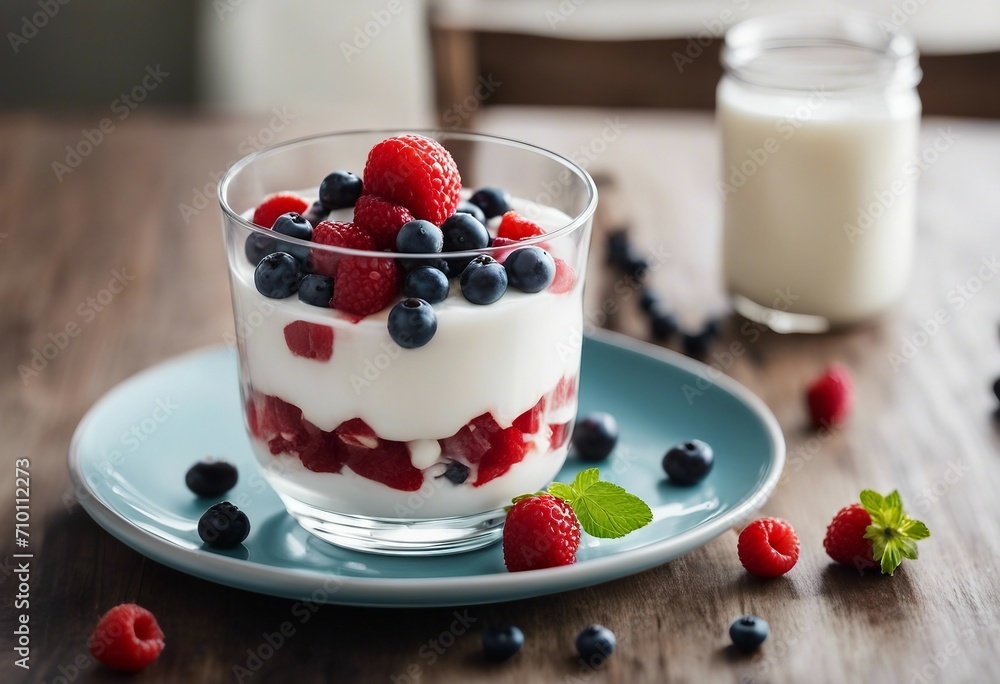 Fresh yogurt Breakfast with yogurt with fruits and berries Healthy food concept Dessert for work break Fresh yogurt Breakfast with yogurt with fruits and berries Healthy food concept Dessert for work break