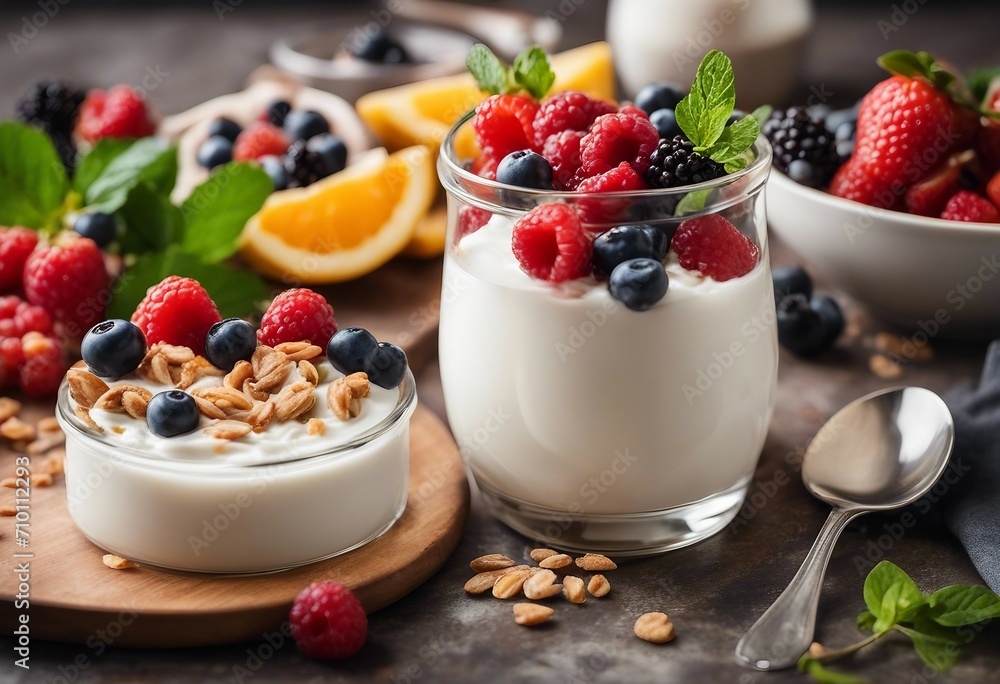 Fresh yogurt Breakfast with yogurt with fruits and berries Healthy food concept Fresh yogurt Breakfast with yogurt with fruits and berries Healthy food concept