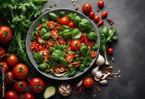Fresh organic vegetables herbs and spices Mix salad tomatoes chili garlic on dark background Nutrition and health benefits of green leafy and red vegetables