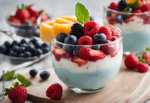 Fresh yogurt Breakfast with yogurt with fruits and berries close up