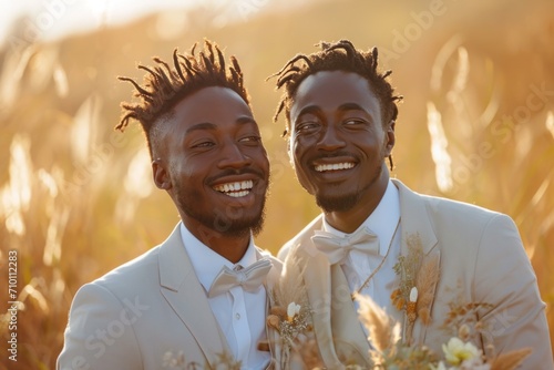  an intimate elopement of a black gay couple in a park, surrounded by nature, flowers, and a serene outdoor setting photo