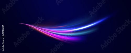 Car road silhouette with light and motion effect. Vector image of colorful light trails with motion blur effect, long time exposure isolated on background. 