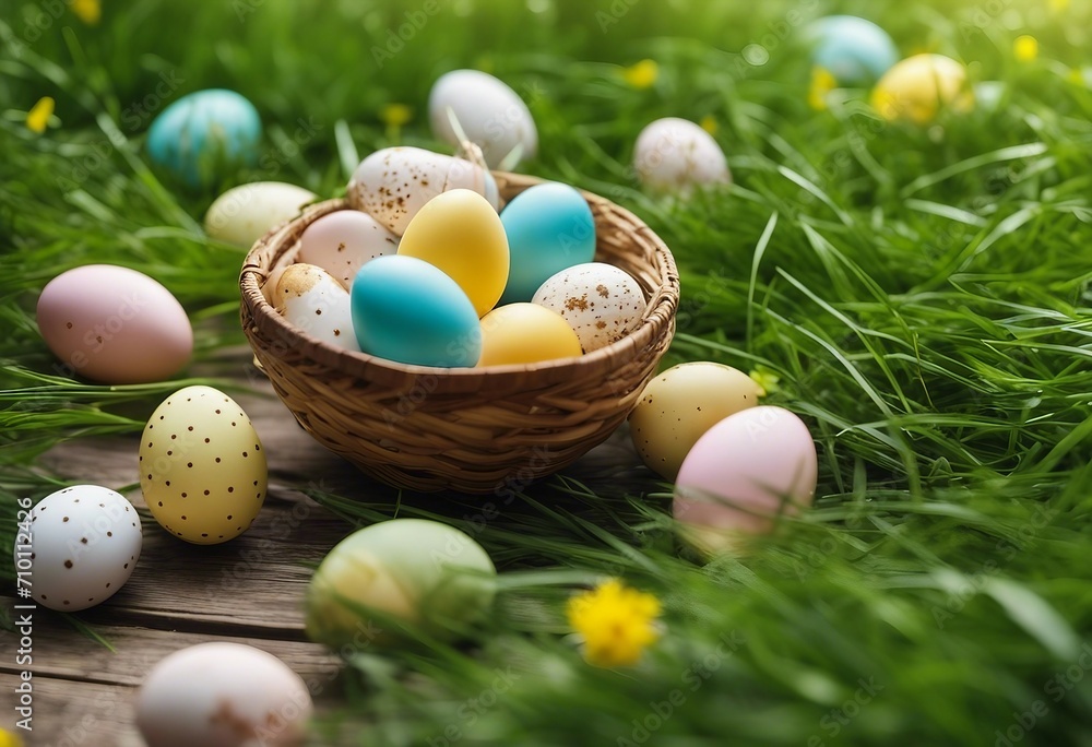 Happy Easter background Easter eggs on the grass Festive decoration Pastel eggs Copy space