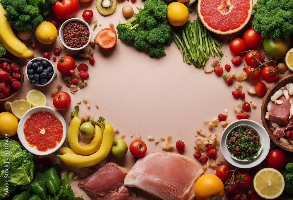 Healthy food background frame mock up Fresh fruits vegetables meat and fish on table Healthy food diet and healthy life style message space top view