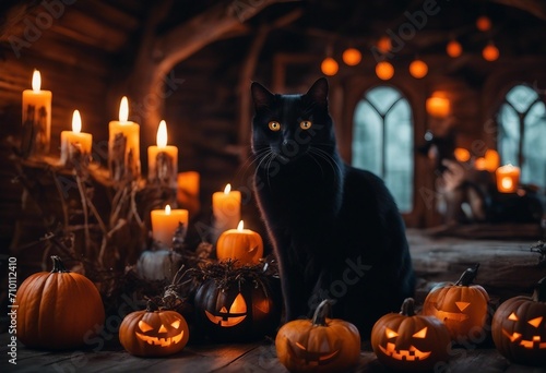 Halloween background Fantasy spooky black cat witch in magical mysterious fairy cabin among candles pumpkins and cobweb