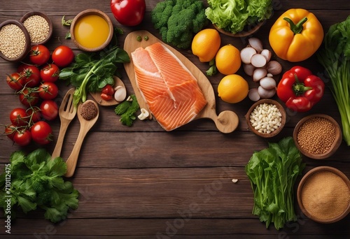 Healthy food background Fish meat grains vegetables fruits on wooden table Healthy food diet motivation copy space
