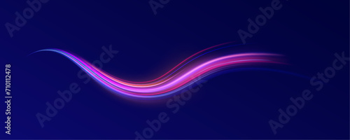 Abstract rotational border lines. Power energy. LED glare tape. Futuristic dynamic motion technology. Neon color glowing lines background, high-speed light trails effect. Purple glowing wave swirl. 