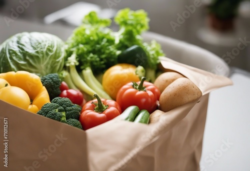Healthy food background Healthy food in paper bag vegetables and fruits on white table Food delivery concept