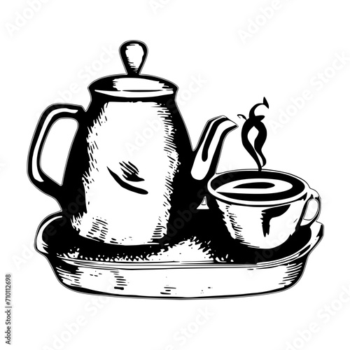 Vector illustration of a charcoal pot of coffee and two cups on a tray, perfect for digital or print use.