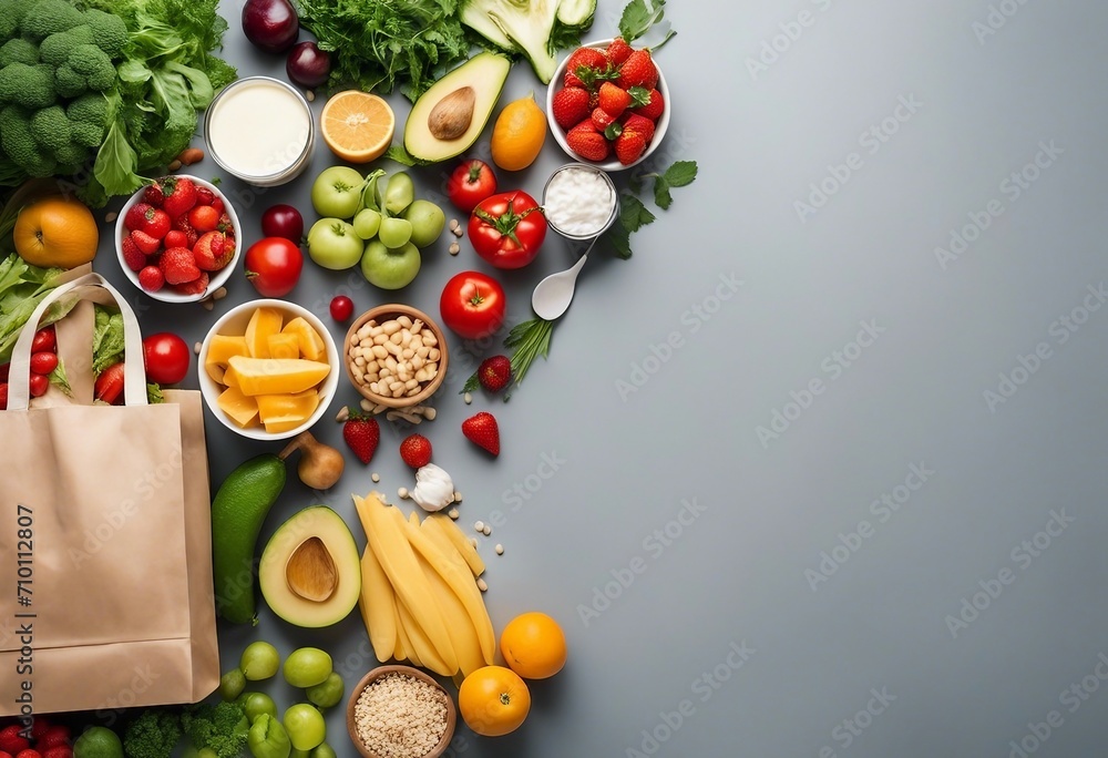 Healthy food in paper bag fruits vegetables milk pasta and fish on white background Healthy food background with copy space How to get started meal planning tutorial