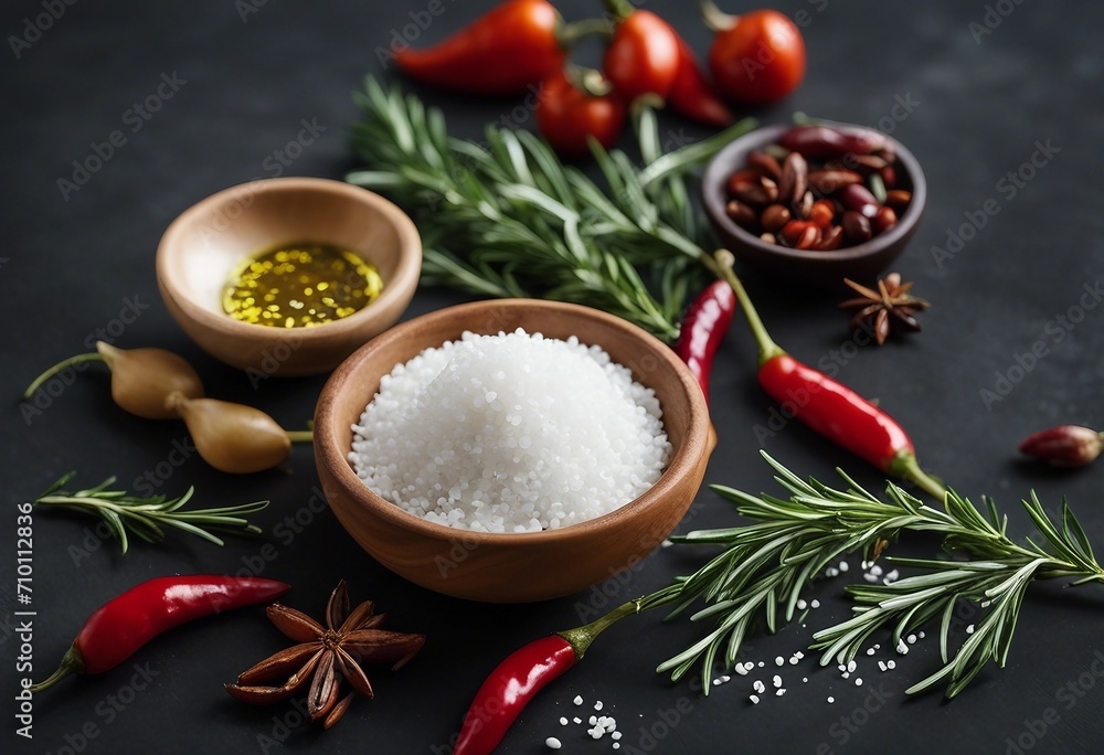 Herbs and spices in kitchen Rosemary, chili pepper, garlic, olive oil, salt and pepper on dark table Herbs and spices in kitchen Rosemary, chili pepper, garlic, olive oil, salt and pepper on dark table